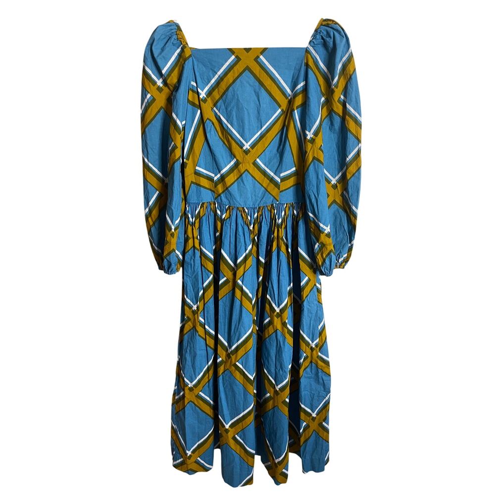 Vintage 1972 Marimekko Grid Pattern Cotton Maxi Dress Blue Yellow Womans 40/12